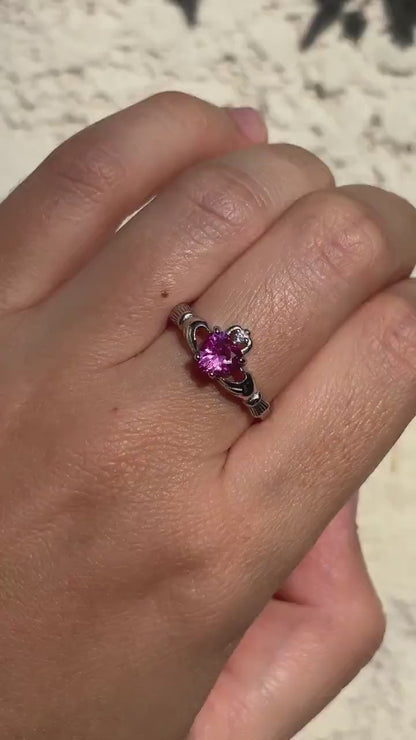 Pink Tourmaline Claddagh Ring, Sterling Silver Irish Ring, Heart Promise Ring, Celtic Ring, Pink Rose CZ Ring, Gift for Her, Love Ring