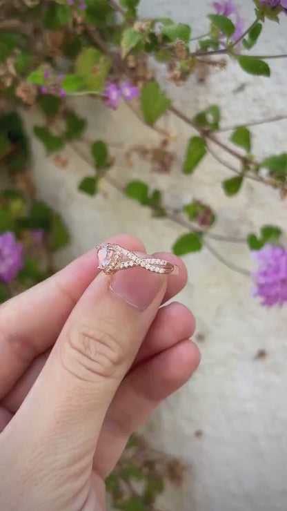 Rose Gold Heart Ring, Rose Morganite CZ Ring, Sterling Silver Halo Ring, Promise Ring, Bypass Ring, Gift for Her, Romantic Jewelry