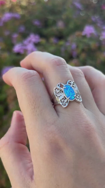 Blue Opal Butterfly Ring, 925 Sterling Silver Ring, Butterfly Jewelry, Lab Grown Opal Ring, Nature Inspired Ring, Statement Ring for Her