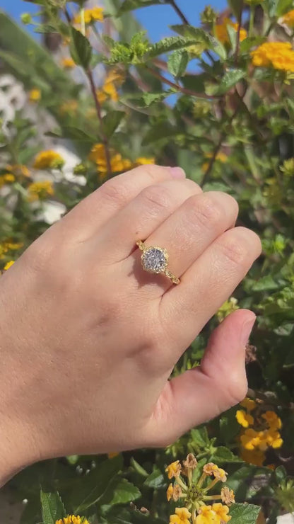 14K Yellow Gold Plated Halo Ring, CZ Diamond Engagement Ring, Round Cut Solitaire, Dainty Gold Ring, Promise Ring, Bridal Jewelry Gift